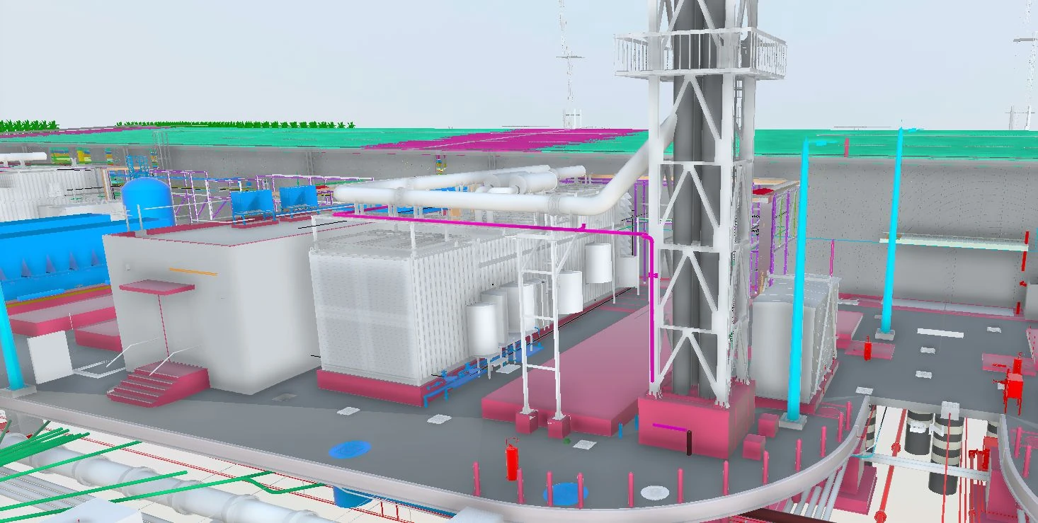 Coordinated infrastructure around service buildings and equipment.